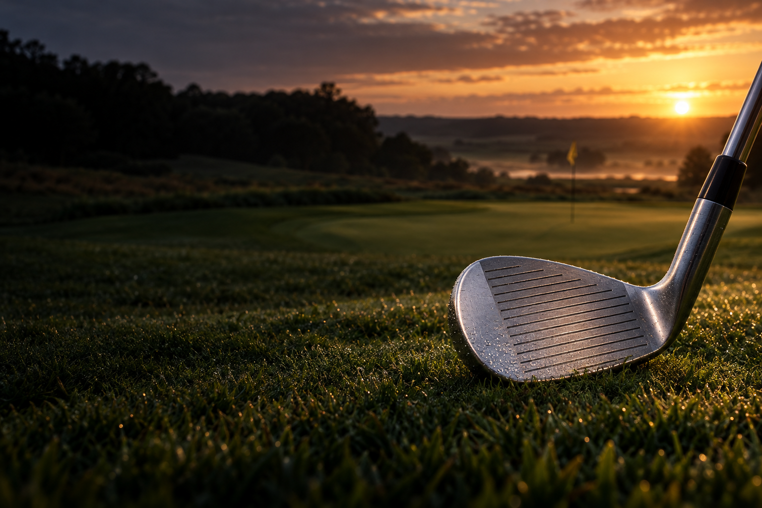 A golf wedge resting beside a green at sunset